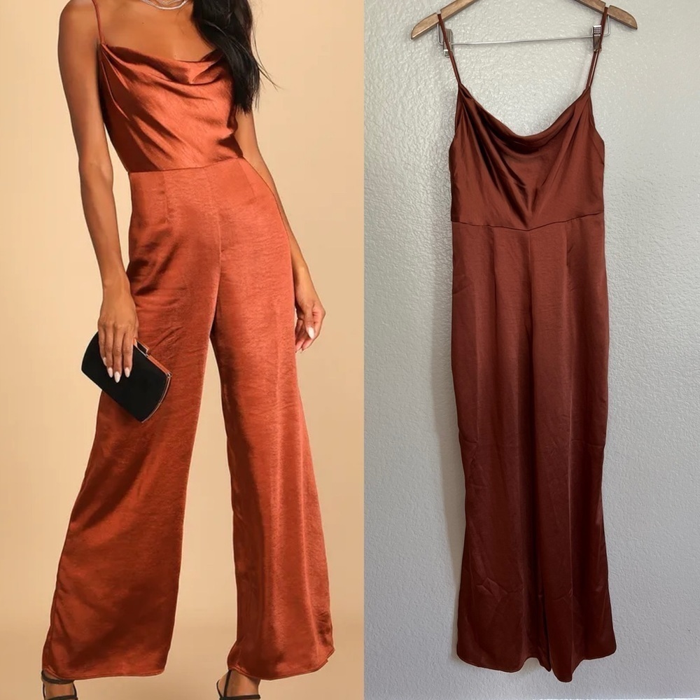 Perfect Night Brown Satin Cowl Neck Culotte Jumpsuit - Picture 1 of 10